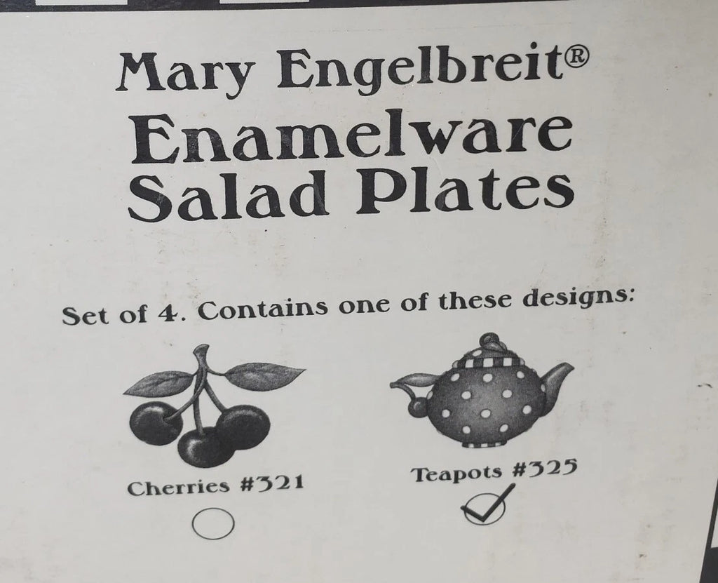 Vtg Mary Engelbreit Enamel Teapot Plate Set 4 Salad Dessert Plates Box New