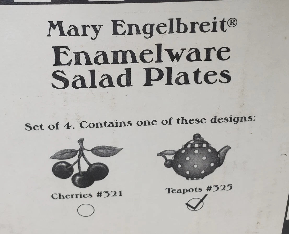 Vtg Mary Engelbreit Enamel Teapot Plate Set 4 Salad Dessert Plates Box New
