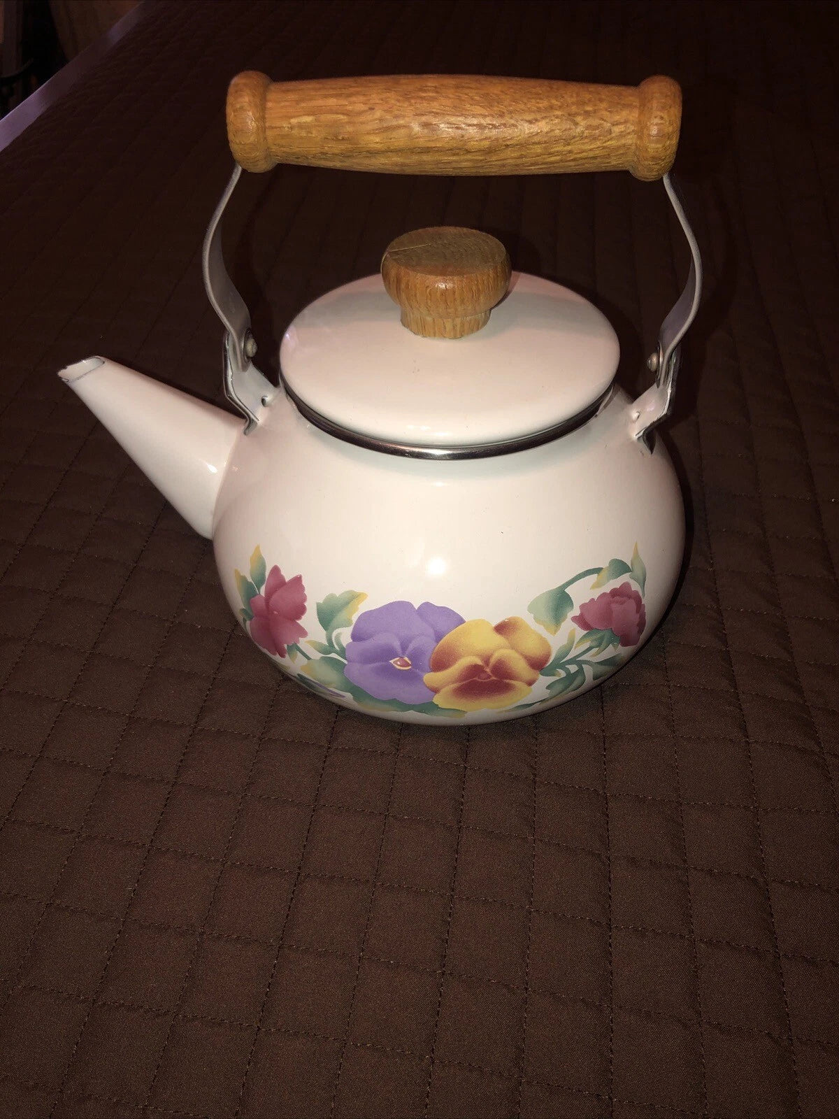 Vintage Enamel Lincoware Tea Pot Kettle White Flowers Pattern Wood  Handles RARE