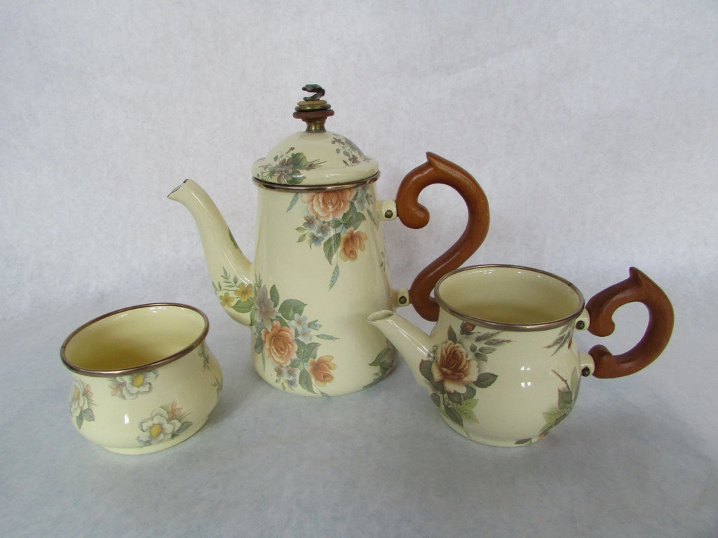 MacKenzie Childs Stacked Camp Yellow Roses Enamel Teapot Cream & Sugar 1995