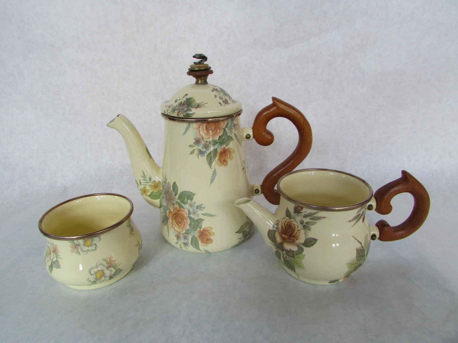 MacKenzie Childs Stacked Camp Yellow Roses Enamel Teapot Cream & Sugar 1995