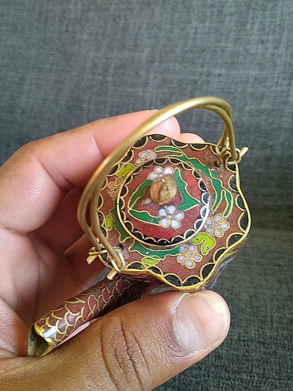 VTG CHINESE CLOISONNE BRASS AND ENAMEL BROWN  MINIATURE TEAPOT