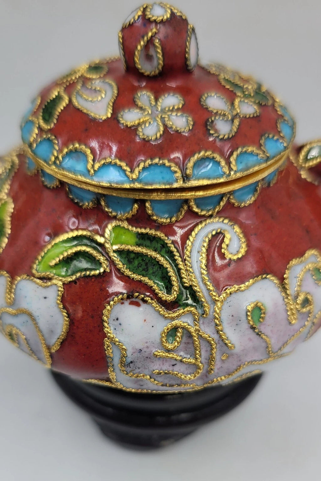 Chinese Enamel Cloisonné Miniature Teapot w/Box And Wood Stand Vintage