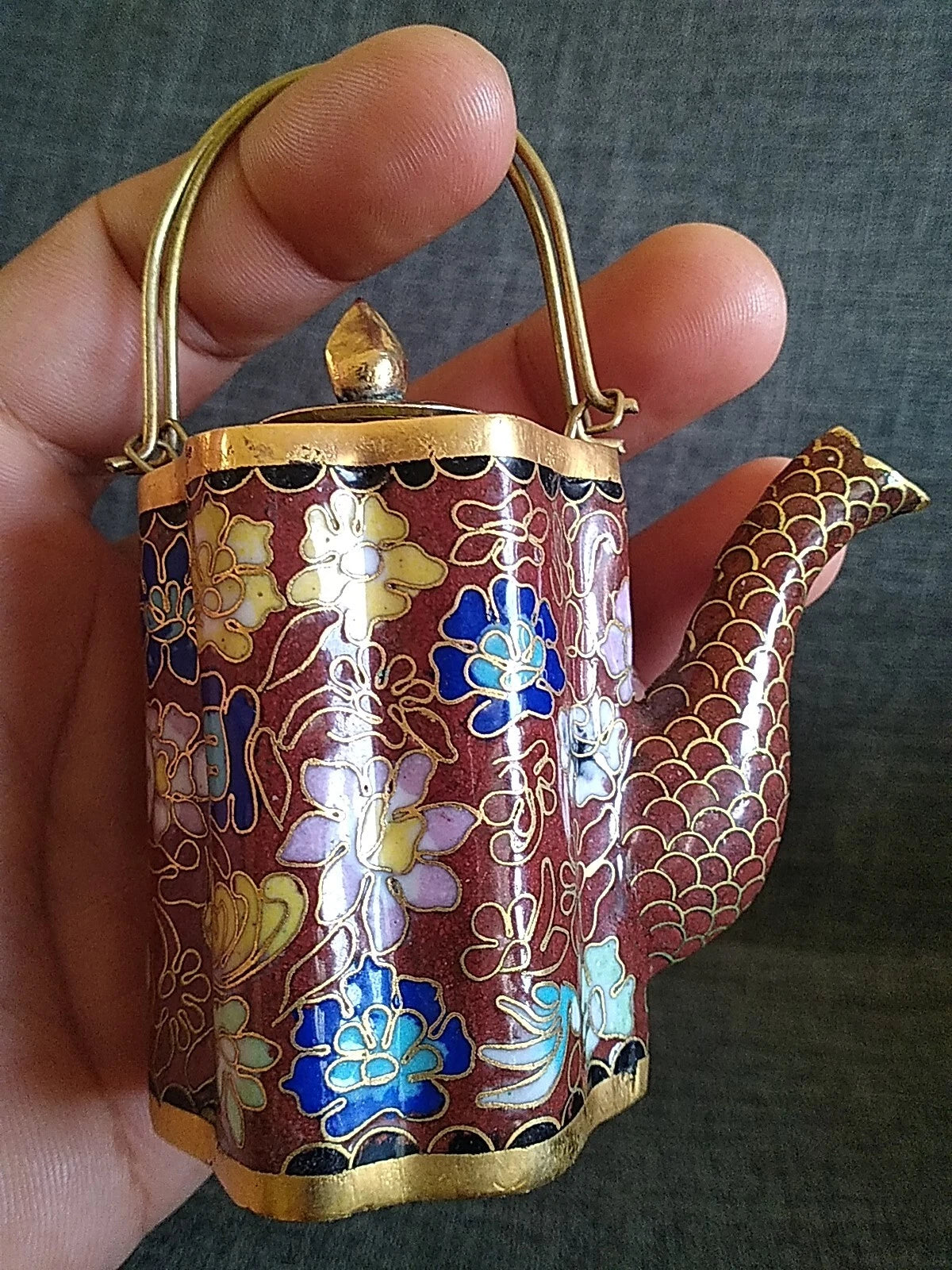 VTG CHINESE CLOISONNE BRASS AND ENAMEL BROWN  MINIATURE TEAPOT
