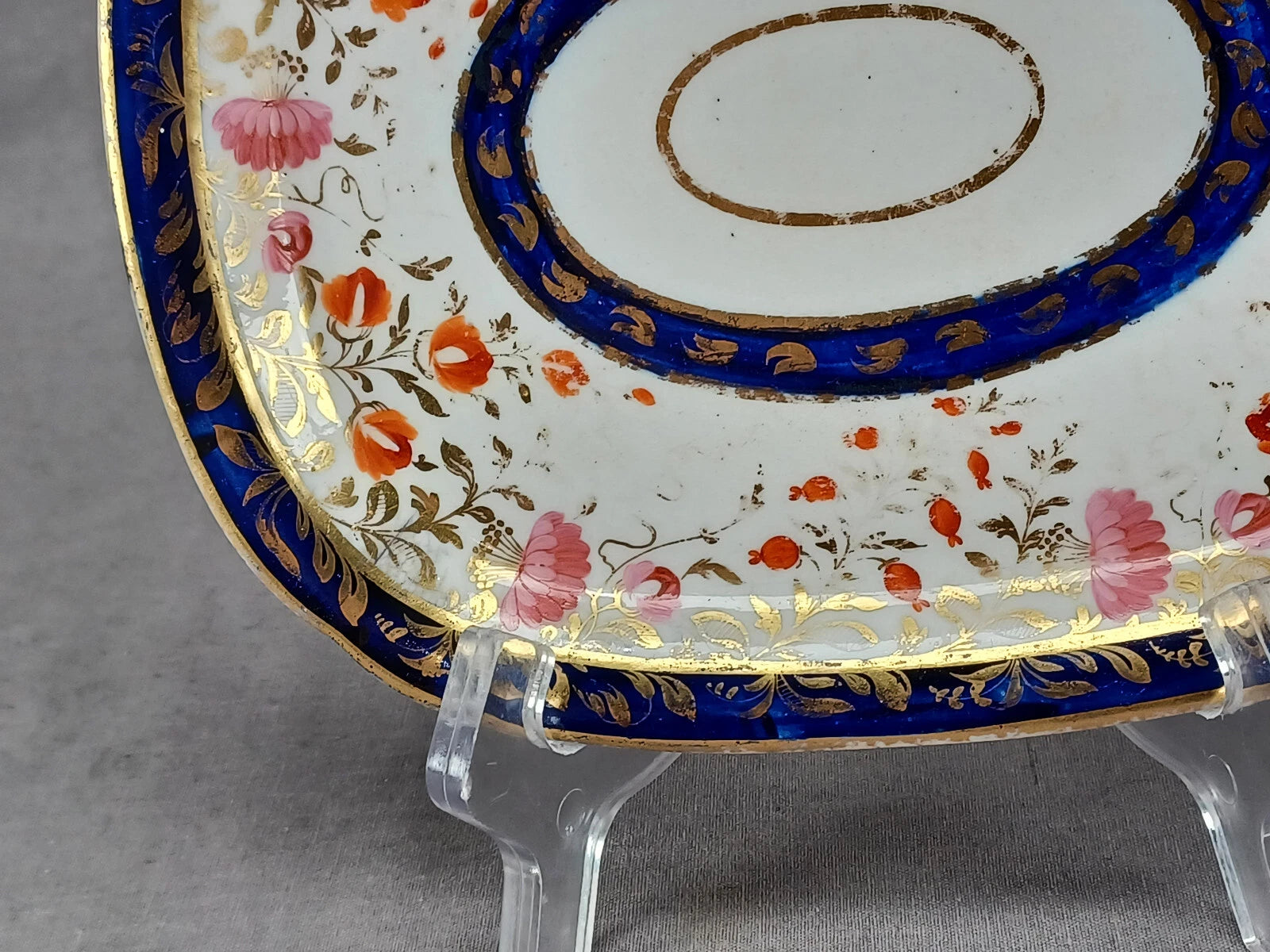 British Hand Painted Pink Red Gold Floral Cobalt Teapot Stand C.1810-1815