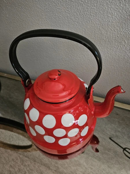 Vintage Enamelware Polka Dot Teapot / Mid Century Enamel Kettle