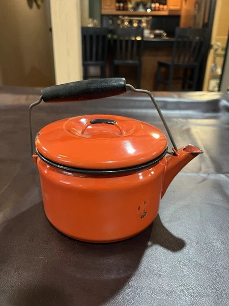 Vintage Antique Enamel Orange Tea Kettle.