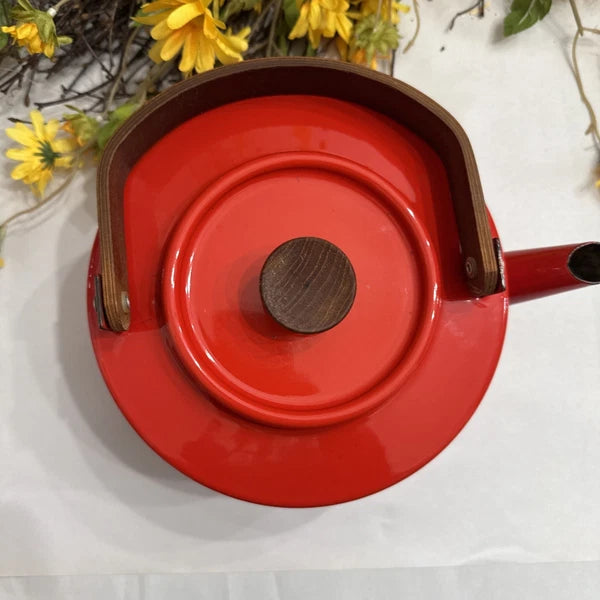 Vtg Copco Spain Michael Lax Red Enamel Tea Kettle w/Teak Handle MCM Retro Decor