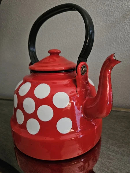Vintage Enamelware Polka Dot Teapot / Mid Century Enamel Kettle