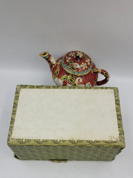 Chinese Enamel Cloisonné Miniature Teapot w/Box And Wood Stand Vintage