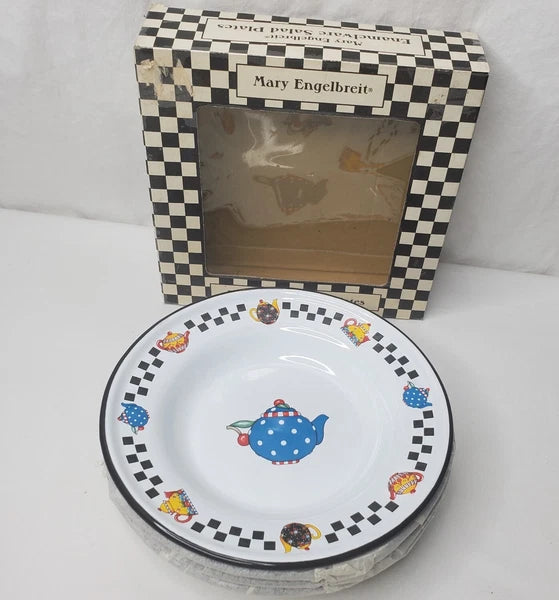Vtg Mary Engelbreit Enamel Teapot Plate Set 4 Salad Dessert Plates Box New