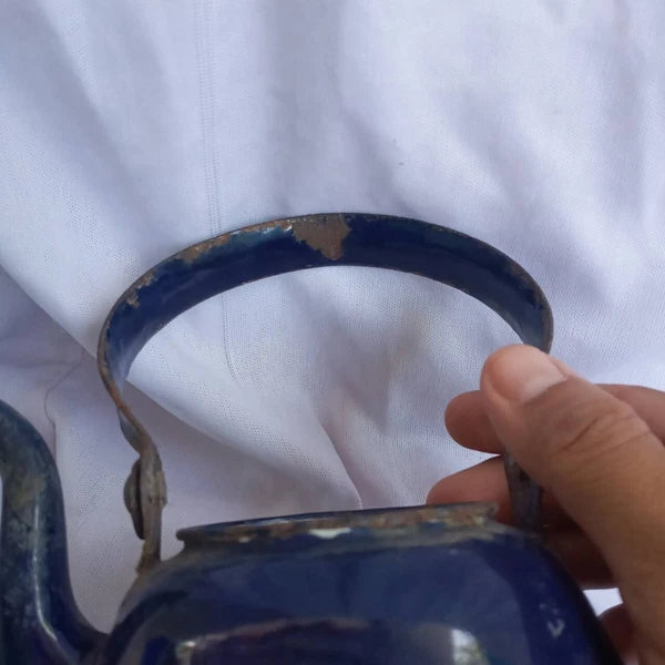 Classic enamel old Water kettle Czechoslovakia Rare collectible dark blue 14 cm.