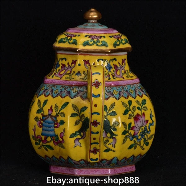 China Yellow Glaze Colour Enamel Porcelain Gilt 8 Auspicious Symbol Kettle Pot