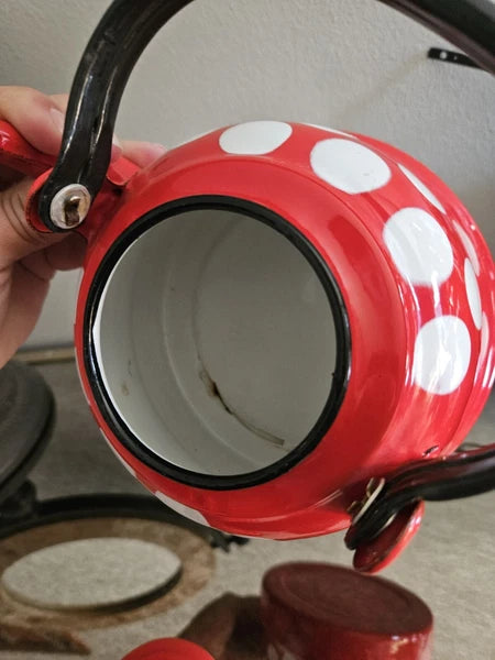 Vintage Enamelware Polka Dot Teapot / Mid Century Enamel Kettle