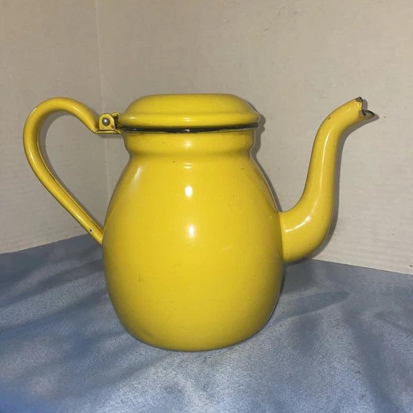 Vintage Yellow MCM Enamel Teapot Kettle W/Handle Top Glass Knob Missing See Pics