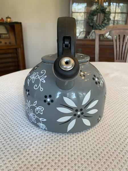 Temptations 2.3-qt Enamel on Steel Classic Tea Kettle Old World Grey Black White