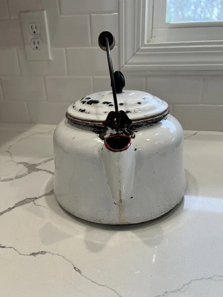 VTG Enamelware Tea Kettle Very Rustic W/Vintage Charm Whitewash/ Red Trim