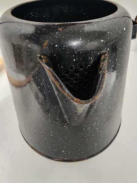 Vintage Enamelware Coffee Tea Pot, Camping Kettle Black Speckled 8” Tall No Lid