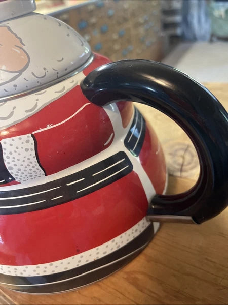 ROSCHO Jolly Santa Claus Enamel Whistling Tea Pot Kettle Holiday 3 Qt Christmas