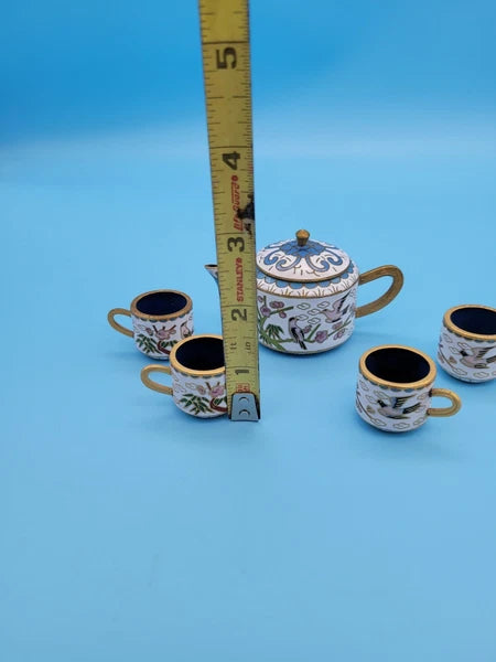 Vintage Chinese Brass Cloisonne/Enamel Miniature Teapot & Cups Flowers Bird Tree