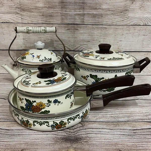 Vtg Enamelware Cookware Pans Tea Kettle 7-piece Set Mid Century European Design
