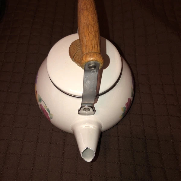 Vintage Enamel Lincoware Tea Pot Kettle White Flowers Pattern Wood  Handles RARE