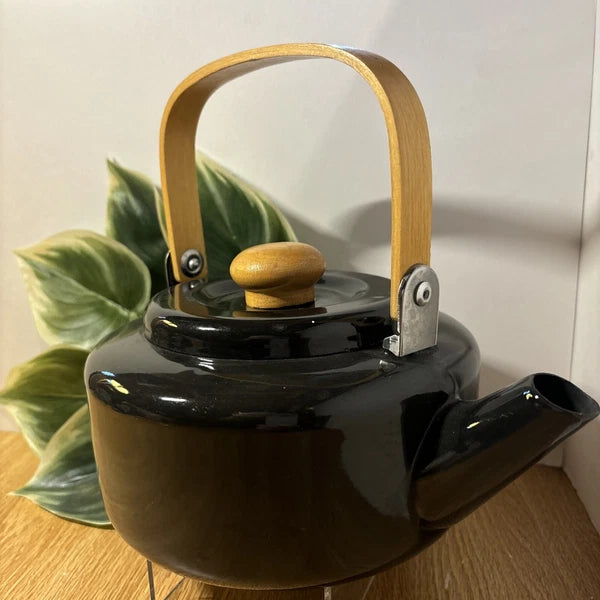Vintage Mid Century Tea Kettle Black w Wooden Handle and Knob