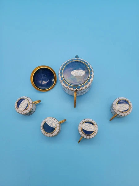 Vintage Chinese Brass Cloisonne/Enamel Miniature Teapot & Cups Flowers Bird Tree