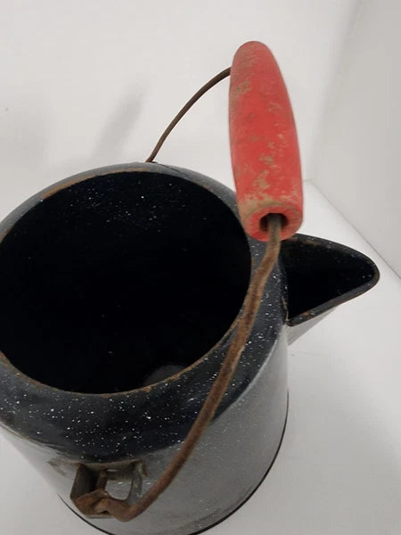 Vintage Enamelware Coffee Tea Pot, Camping Kettle Black Speckled 8” Tall No Lid