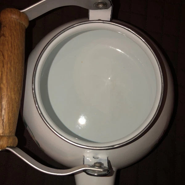 Vintage Enamel Lincoware Tea Pot Kettle White Flowers Pattern Wood  Handles RARE