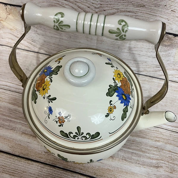 Vtg Enamelware Cookware Pans Tea Kettle 7-piece Set Mid Century European Design