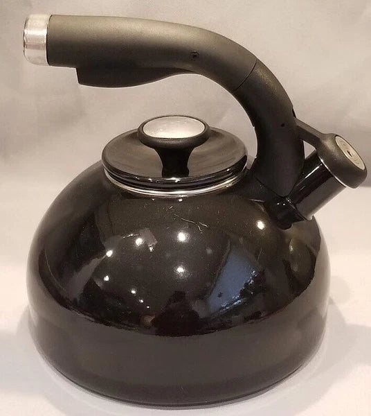 Circulon Whistling Tea Pot Kettle Black Enamel 2 Quart Lid Flip Spout Steel *