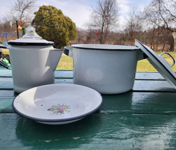 Vintage White Enamelware Kettle, Coffee Pot w/Glass Top w/lids & Flowery Bowl