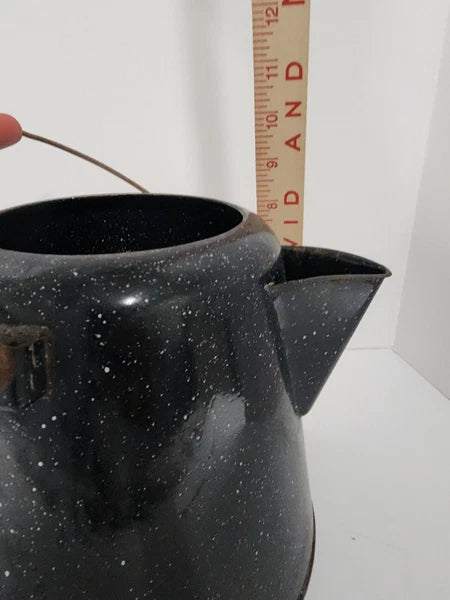Vintage Enamelware Coffee Tea Pot, Camping Kettle Black Speckled 8” Tall No Lid