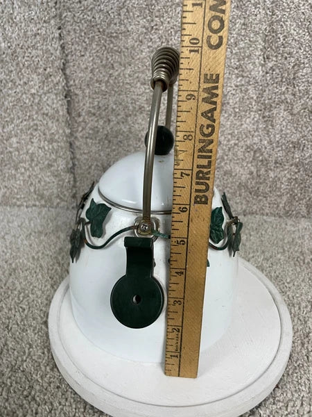 Via Ancona English Garden Enamel 10" Whistling Tea Kettle Green Ivy White