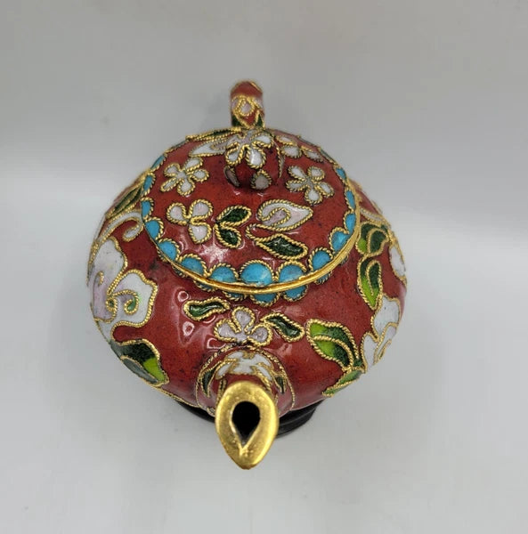 Chinese Enamel Cloisonné Miniature Teapot w/Box And Wood Stand Vintage