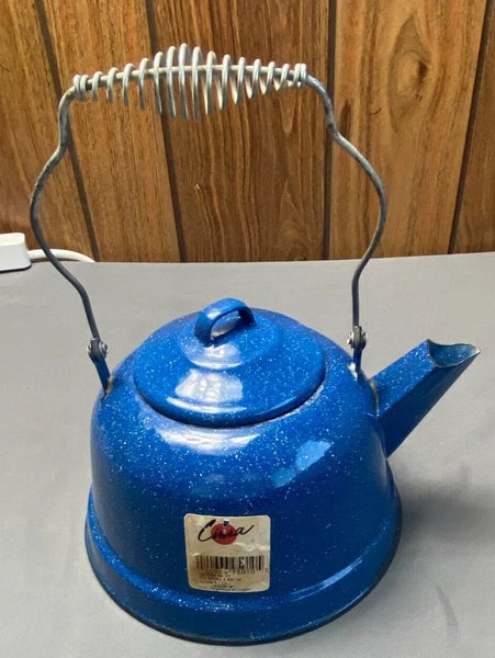 Vintage Cinsa Enamelware Blue Speckled Teapot Camping Country Kitchen Farm House