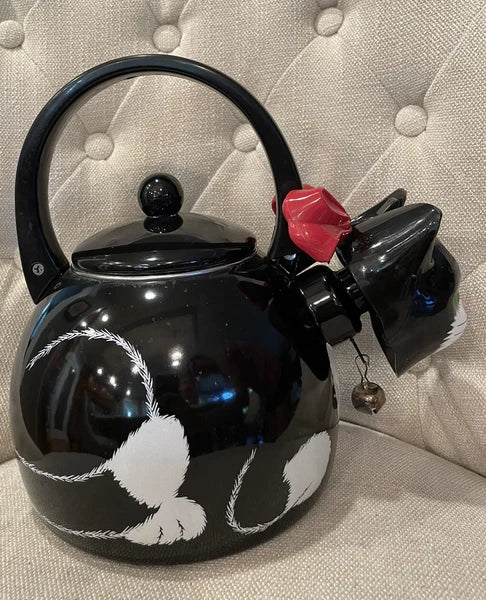 Black Cat Teapot ~ Whistling Kitty Tea Kettle ~ Baked Enamel ~ Ancona ~ Vintage