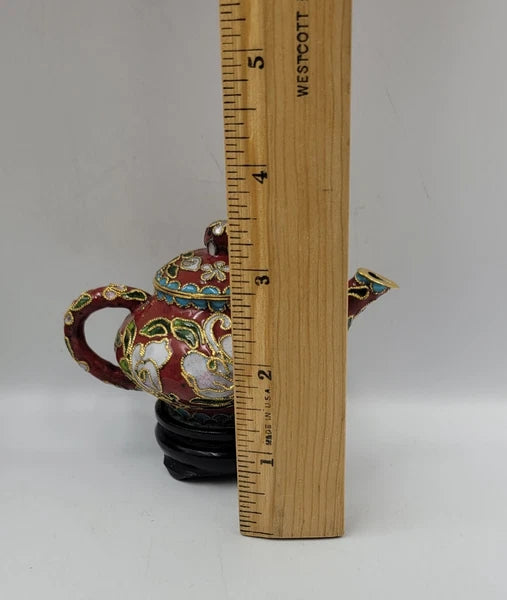 Chinese Enamel Cloisonné Miniature Teapot w/Box And Wood Stand Vintage