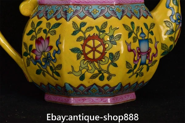 China Yellow Glaze Colour Enamel Porcelain Gilt 8 Auspicious Symbol Kettle Pot