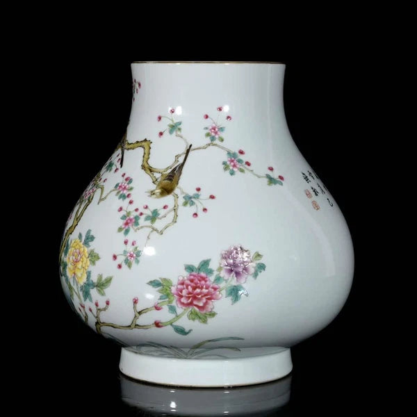 24CM Qianlong Signed Old Chinese Colour Enamel Vase W/bird N3729
