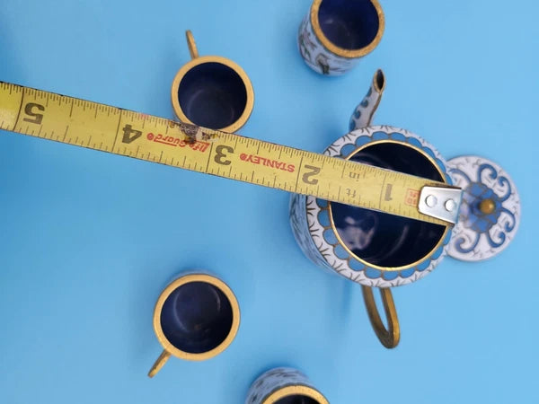 Vintage Chinese Brass Cloisonne/Enamel Miniature Teapot & Cups Flowers Bird Tree