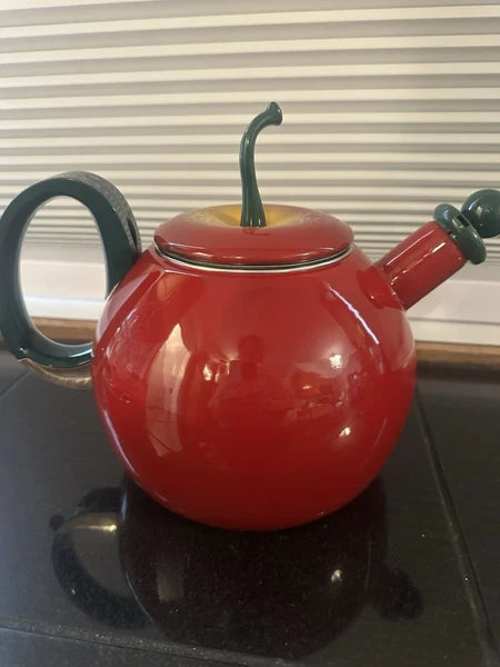 Vintage Coppola Apple Tea Kettle Enamel Metal Teapot.
