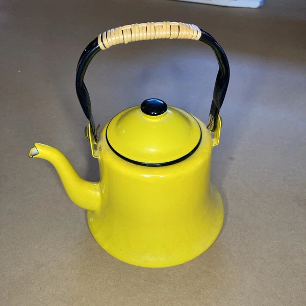 Vintage Yellow Enamelware Teapot Kettle Bamboo Wrapped Handle Japan MCM Retro