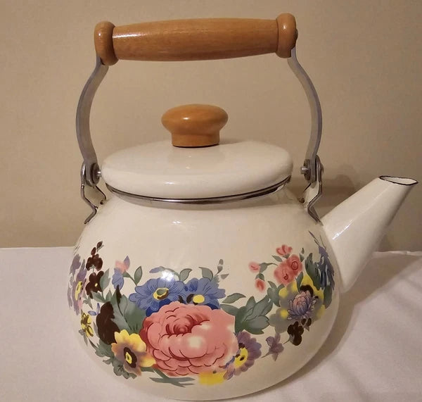 Vintage Floral Enamelware Tea Pot Kettle Metal - Wood Handle Cottagecore