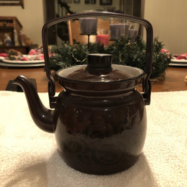 Small Brown Enamel Tea Kettle With Lid E