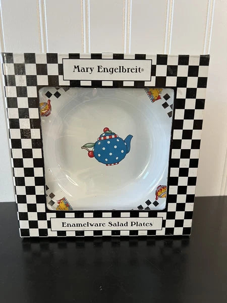 Vintage NIB Mary Engelbreit Enamelware Salad Plates Teapot Design Set Of 4