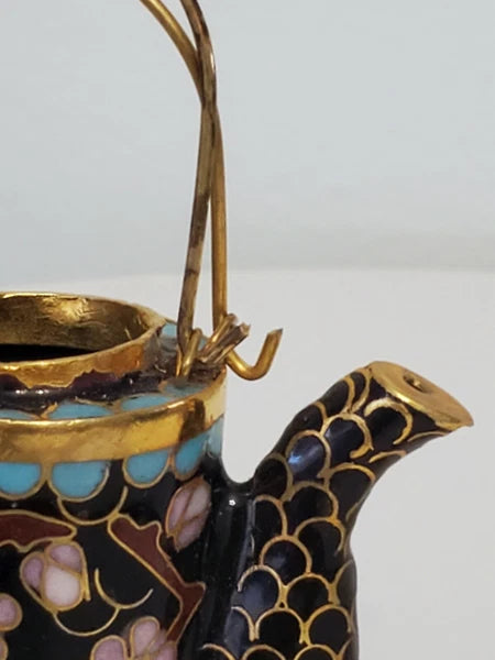 VTG CHINESE CLOISONNE BRASS AND ENAMEL BLACK MINIATURE TEAPOT