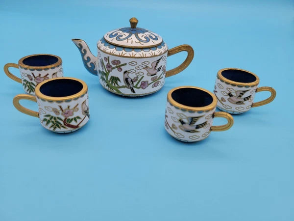 Vintage Chinese Brass Cloisonne/Enamel Miniature Teapot & Cups Flowers Bird Tree