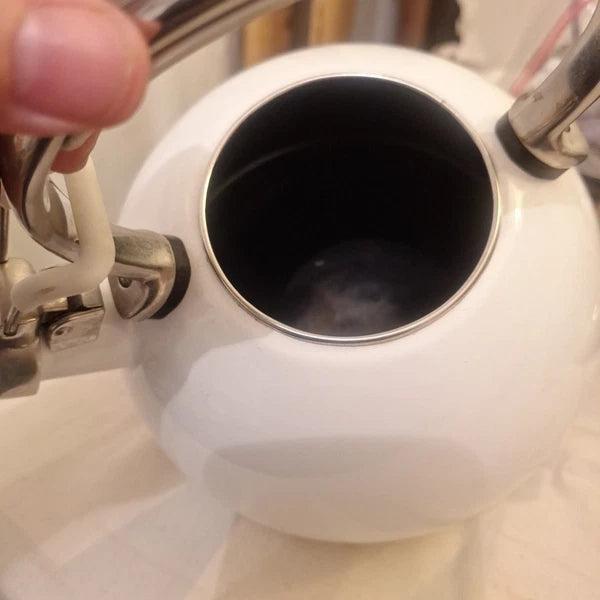 Kitchen Aid Enamel Whistling Tea Kettle Teapot White Chrome Trim 2Qt White Handl